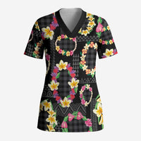 Hawaiian Kakau Tattoo Leis and Palaka Pattern Scrub Top Traditional Aloha Tribal Black Color