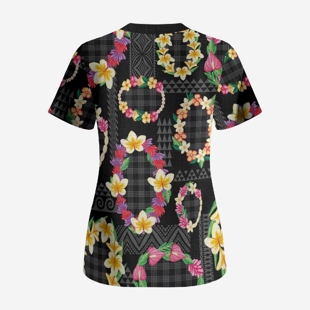 Hawaiian Kakau Tattoo Leis and Palaka Pattern Scrub Top Traditional Aloha Tribal Black Color