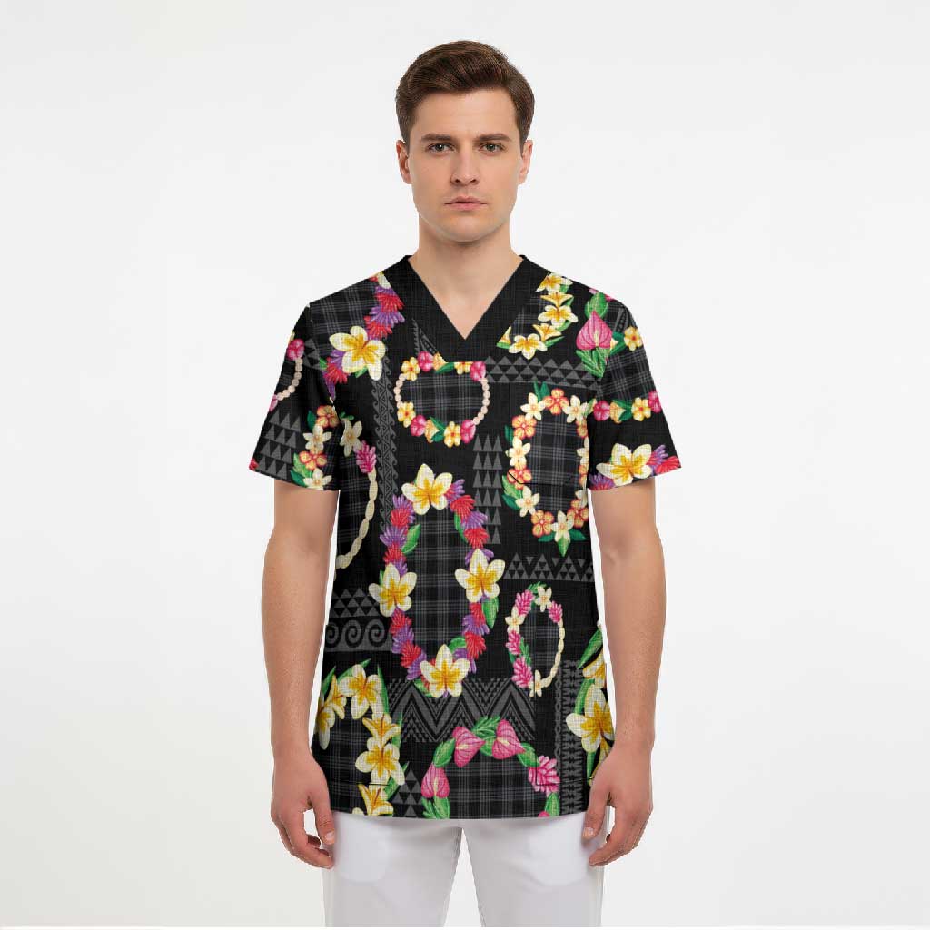 Hawaiian Kakau Tattoo Leis and Palaka Pattern Scrub Top Traditional Aloha Tribal Black Color