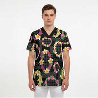 Hawaiian Kakau Tattoo Leis and Palaka Pattern Scrub Top Traditional Aloha Tribal Black Color