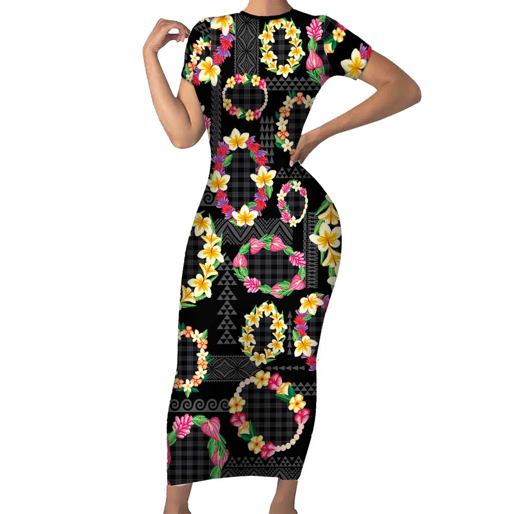 Hawaiian Kakau Tattoo Leis and Palaka Pattern Short Sleeve Bodycon Dress Traditional Aloha Tribal Black Color