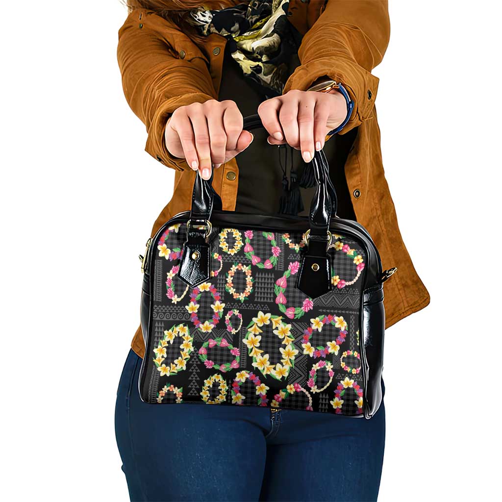 Hawaiian Kakau Tattoo Leis and Palaka Pattern Shoulder Handbag Traditional Aloha Tribal Black Color