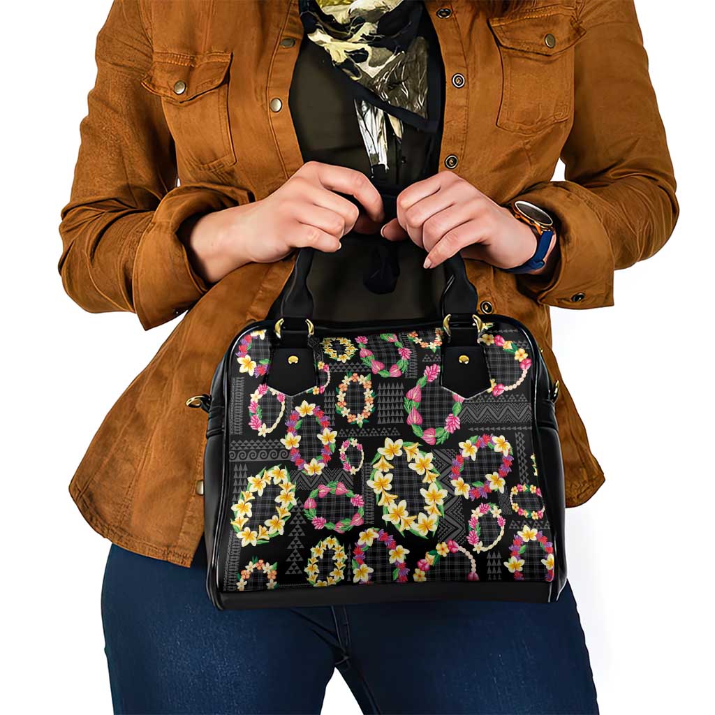 Hawaiian Kakau Tattoo Leis and Palaka Pattern Shoulder Handbag Traditional Aloha Tribal Black Color