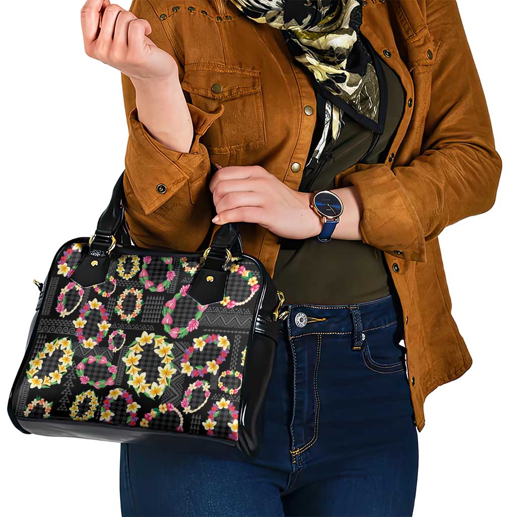 Hawaiian Kakau Tattoo Leis and Palaka Pattern Shoulder Handbag Traditional Aloha Tribal Black Color