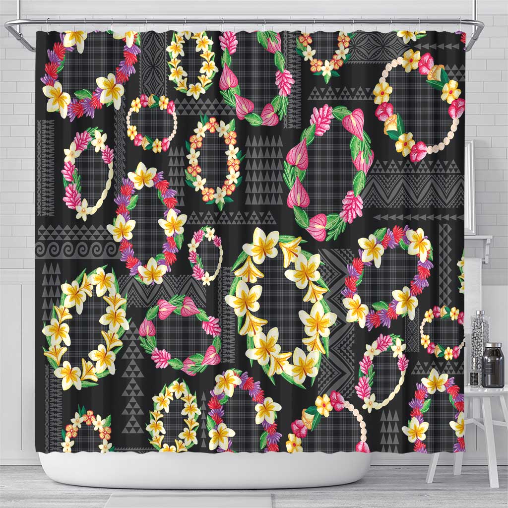 Hawaiian Kakau Tattoo Leis and Palaka Pattern Shower Curtain Traditional Aloha Tribal Black Color