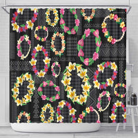 Hawaiian Kakau Tattoo Leis and Palaka Pattern Shower Curtain Traditional Aloha Tribal Black Color
