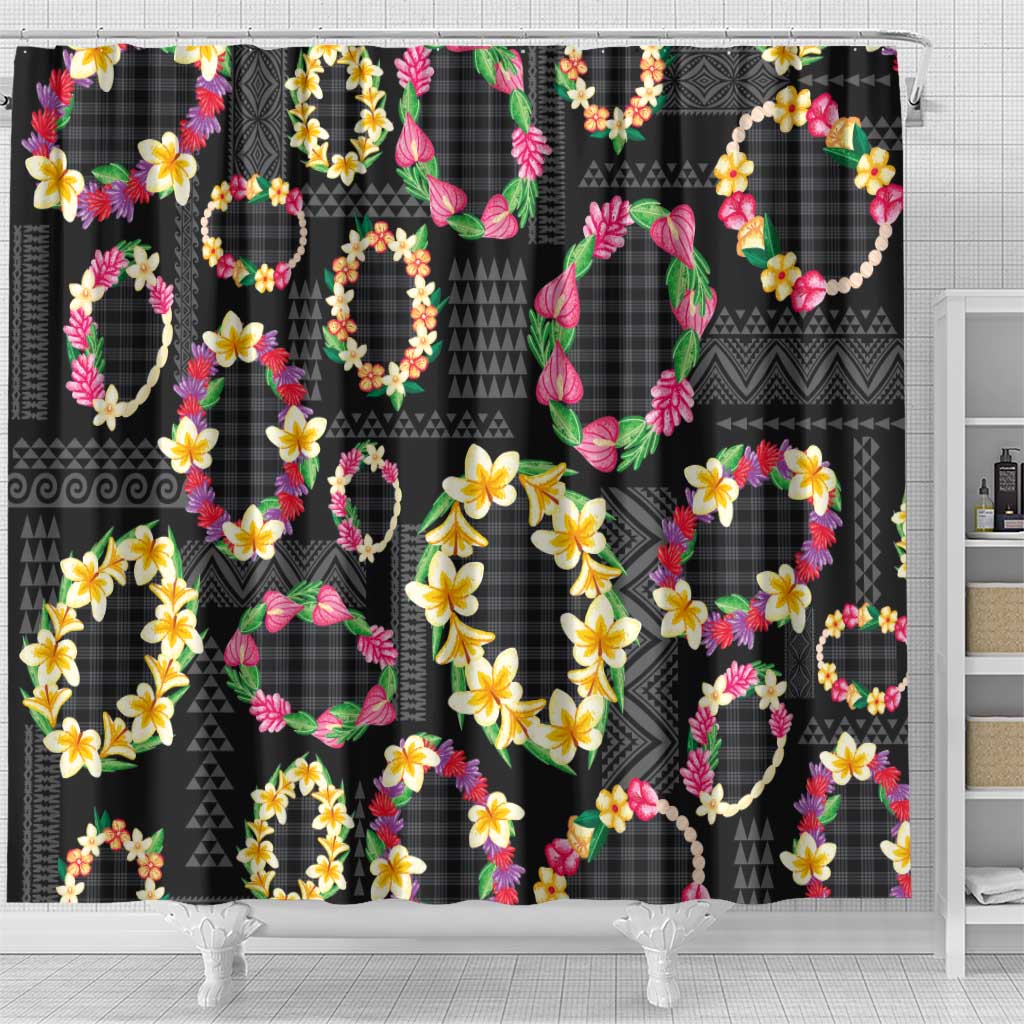 Hawaiian Kakau Tattoo Leis and Palaka Pattern Shower Curtain Traditional Aloha Tribal Black Color