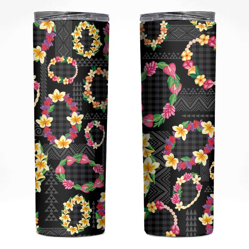 Hawaiian Kakau Tattoo Leis and Palaka Pattern Skinny Tumbler Traditional Aloha Tribal Black Color LT03 Black - Polynesian Pride