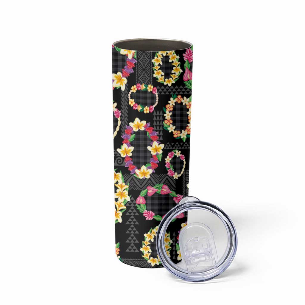 Hawaiian Kakau Tattoo Leis and Palaka Pattern Skinny Tumbler Traditional Aloha Tribal Black Color LT03 - Polynesian Pride