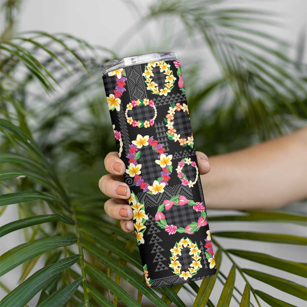 Hawaiian Kakau Tattoo Leis and Palaka Pattern Skinny Tumbler Traditional Aloha Tribal Black Color LT03 - Polynesian Pride