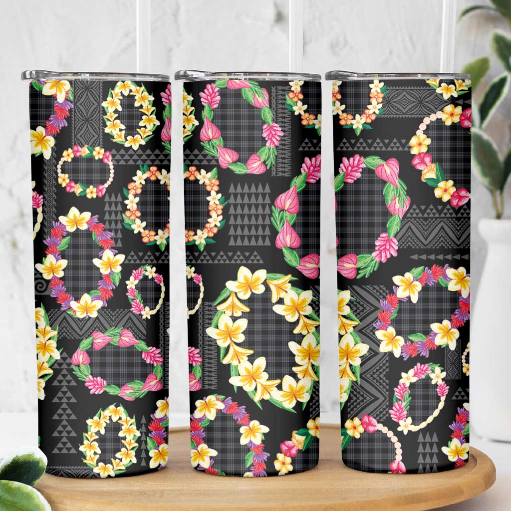 Hawaiian Kakau Tattoo Leis and Palaka Pattern Skinny Tumbler Traditional Aloha Tribal Black Color LT03 - Polynesian Pride