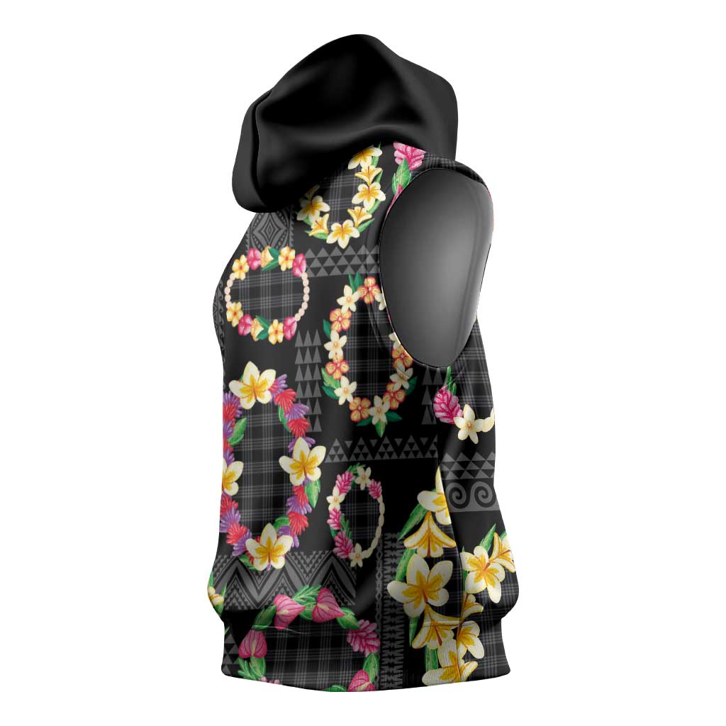 Hawaiian Kakau Tattoo Leis and Palaka Pattern Sleeveless Hoodie Traditional Aloha Tribal Black Color