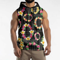 Hawaiian Kakau Tattoo Leis and Palaka Pattern Sleeveless Hoodie Traditional Aloha Tribal Black Color