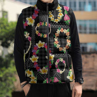 Hawaiian Kakau Tattoo Leis and Palaka Pattern Sleeveless Puffer Jacket Traditional Aloha Tribal Black Color