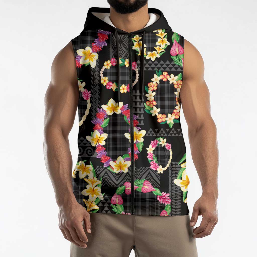 Hawaiian Kakau Tattoo Leis and Palaka Pattern Sleeveless Zip Hoodie Traditional Aloha Tribal Black Color