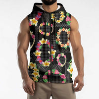 Hawaiian Kakau Tattoo Leis and Palaka Pattern Sleeveless Zip Hoodie Traditional Aloha Tribal Black Color