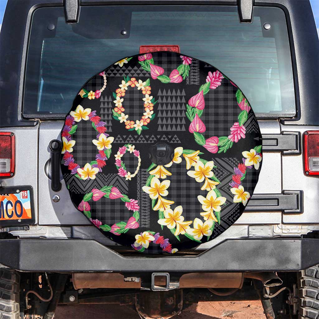Hawaiian Kakau Tattoo Leis and Palaka Pattern Spare Tire Cover Traditional Aloha Tribal Black Color