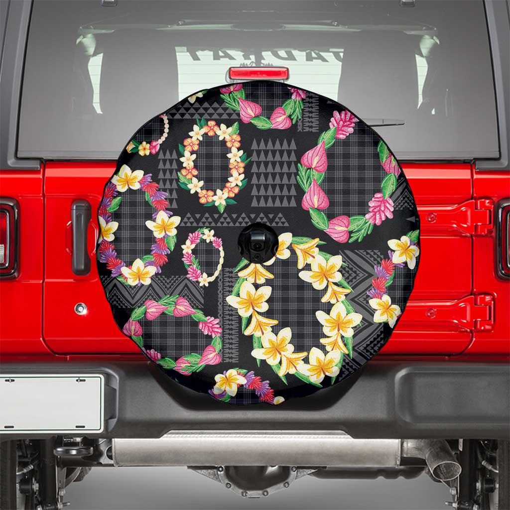 Hawaiian Kakau Tattoo Leis and Palaka Pattern Spare Tire Cover Traditional Aloha Tribal Black Color