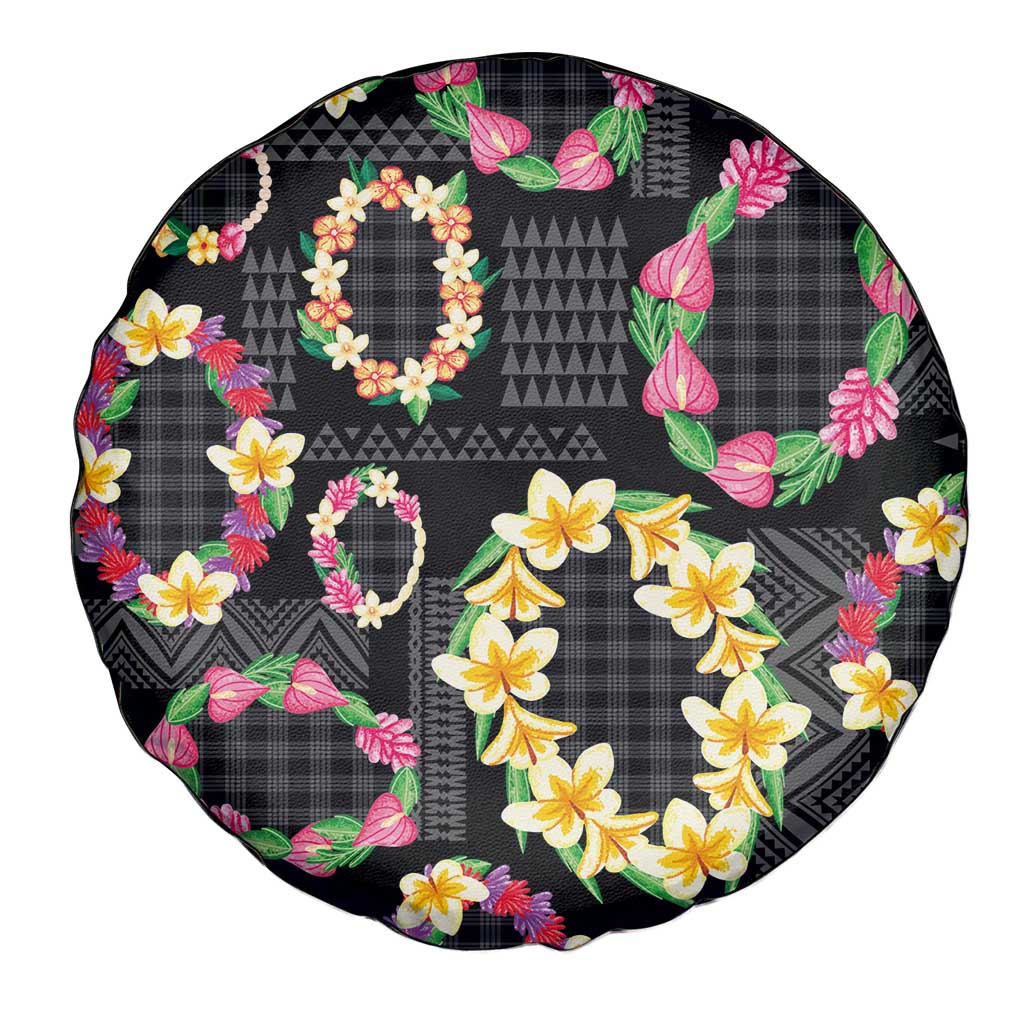 Hawaiian Kakau Tattoo Leis and Palaka Pattern Spare Tire Cover Traditional Aloha Tribal Black Color