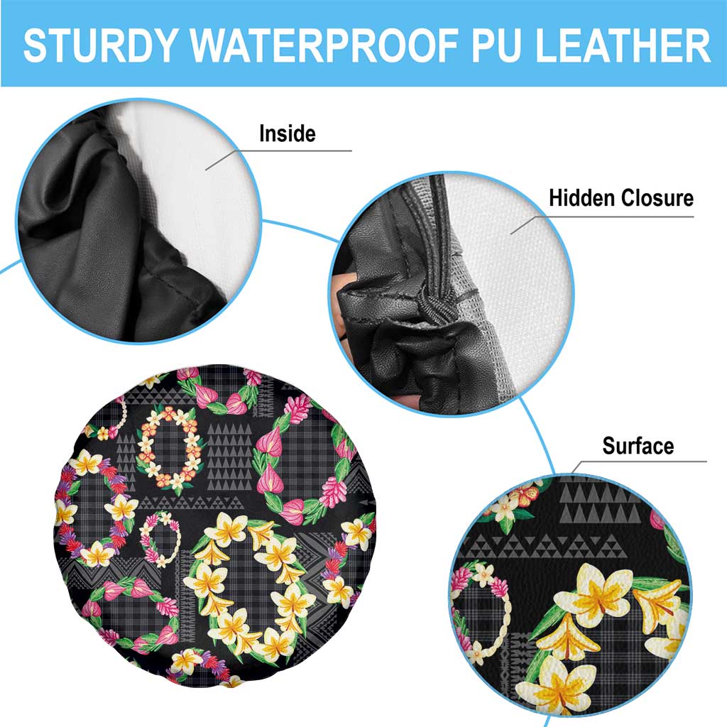 Hawaiian Kakau Tattoo Leis and Palaka Pattern Spare Tire Cover Traditional Aloha Tribal Black Color