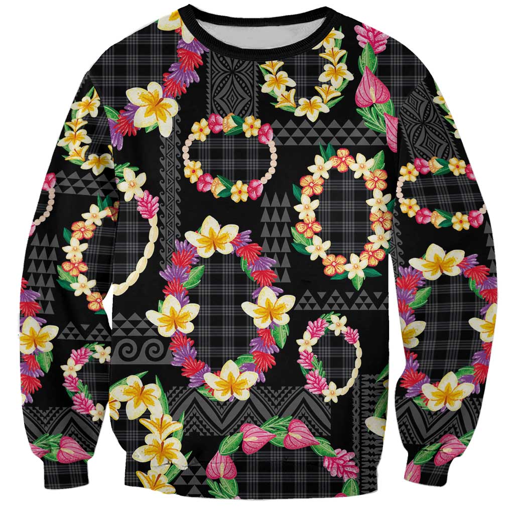 Hawaiian Kakau Tattoo Leis and Palaka Pattern Sweatshirt Traditional Aloha Tribal Black Color