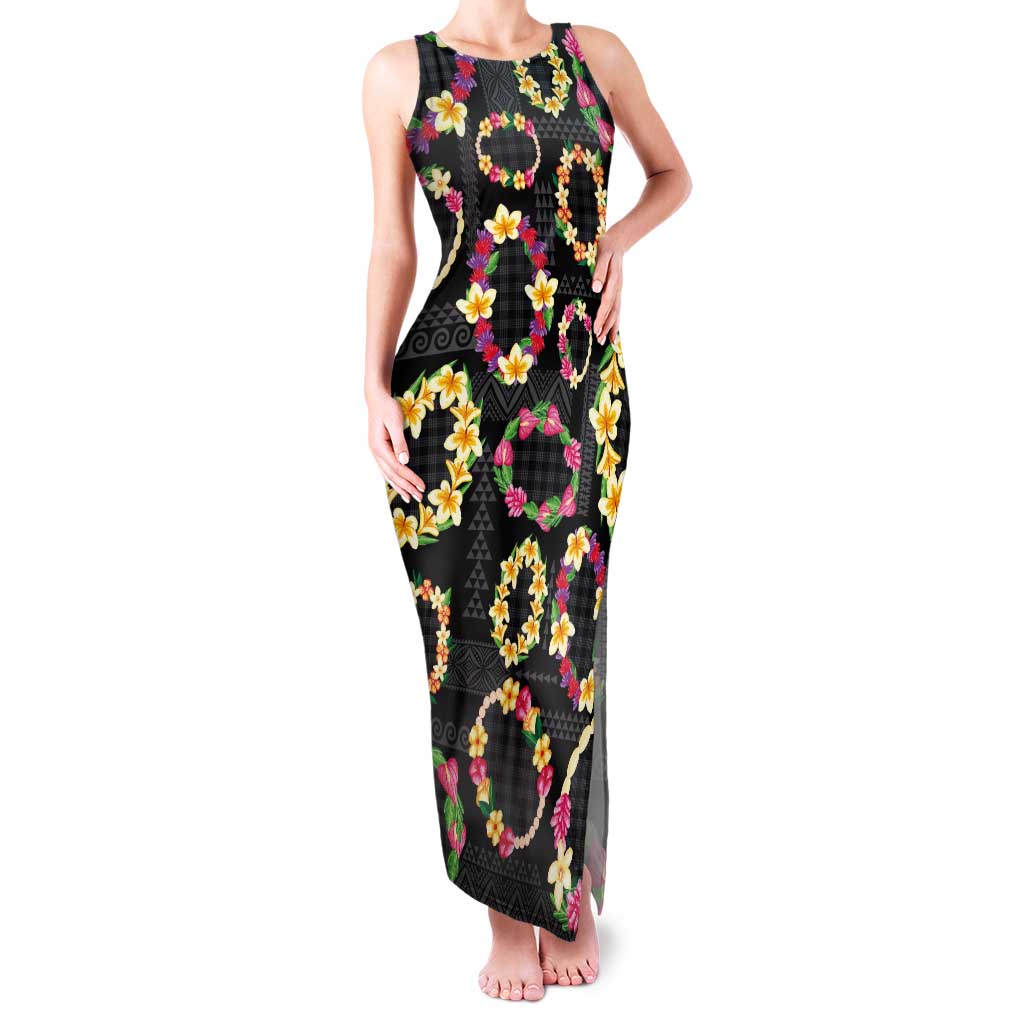 Hawaiian Kakau Tattoo Leis and Palaka Pattern Tank Maxi Dress Traditional Aloha Tribal Black Color