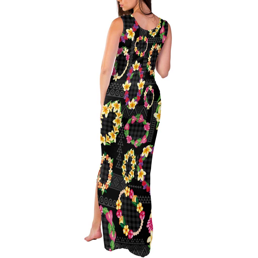 Hawaiian Kakau Tattoo Leis and Palaka Pattern Tank Maxi Dress Traditional Aloha Tribal Black Color