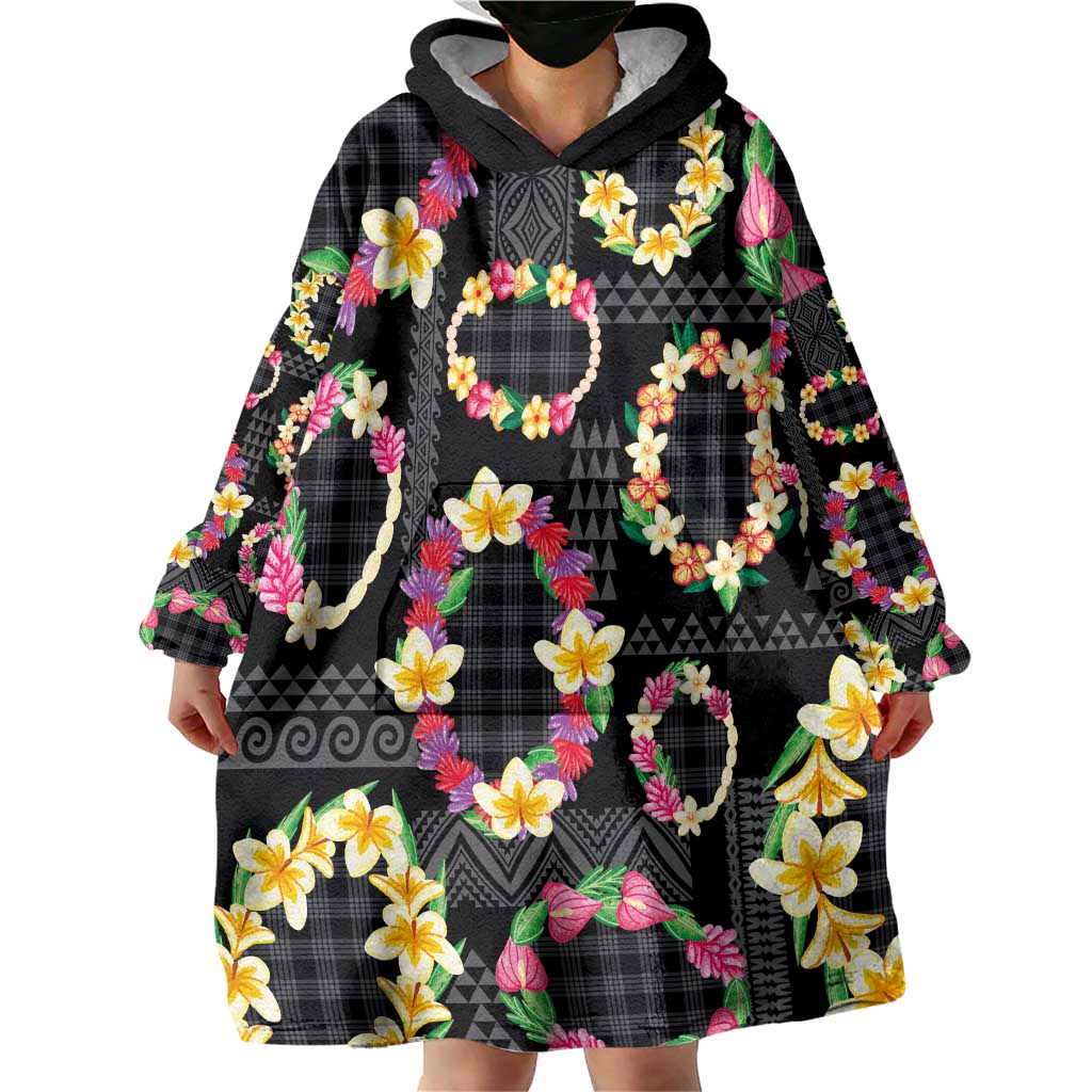 Hawaiian Kakau Tattoo Leis and Palaka Pattern Wearable Blanket Hoodie Traditional Aloha Tribal Black Color