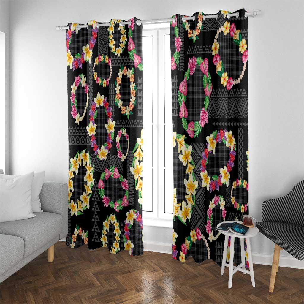 Hawaiian Kakau Tattoo Leis and Palaka Pattern Window Curtain Traditional Aloha Tribal Black Color