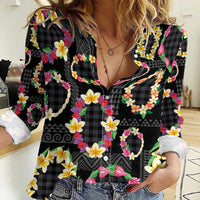Hawaiian Kakau Tattoo Leis and Palaka Pattern Women Casual Shirt Traditional Aloha Tribal Black Color LT03 Female Black - Polynesian Pride