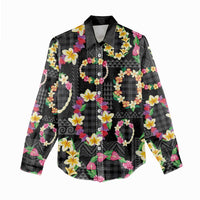 Hawaiian Kakau Tattoo Leis and Palaka Pattern Women Casual Shirt Traditional Aloha Tribal Black Color LT03 - Polynesian Pride