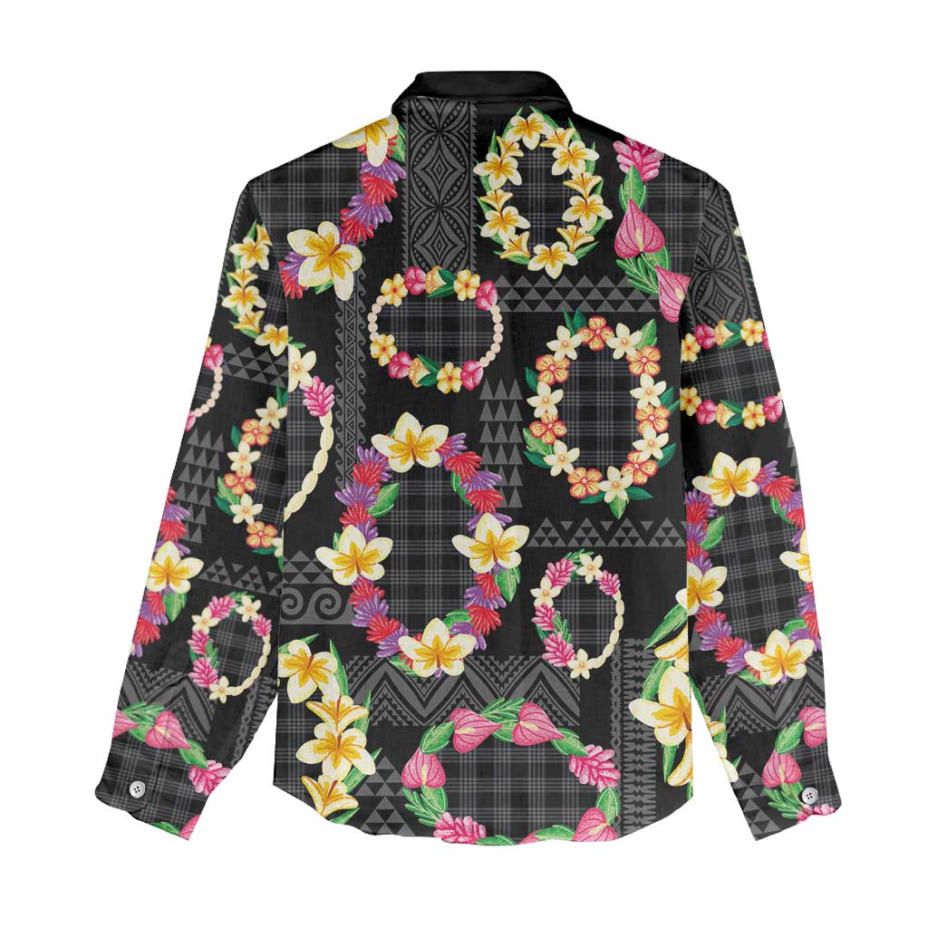 Hawaiian Kakau Tattoo Leis and Palaka Pattern Women Casual Shirt Traditional Aloha Tribal Black Color LT03 - Polynesian Pride