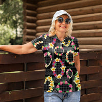 Hawaiian Kakau Tattoo Leis and Palaka Pattern Women Polo Shirt Traditional Aloha Tribal Black Color LT03 - Polynesian Pride