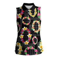 Hawaiian Kakau Tattoo Leis and Palaka Pattern Women Sleeveless Polo Shirt Traditional Aloha Tribal Black Color