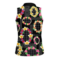 Hawaiian Kakau Tattoo Leis and Palaka Pattern Women Sleeveless Polo Shirt Traditional Aloha Tribal Black Color