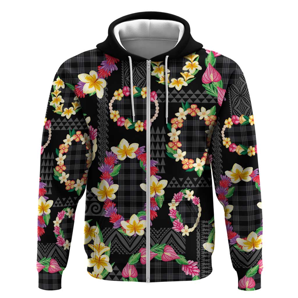 Hawaiian Kakau Tattoo Leis and Palaka Pattern Zip Hoodie Traditional Aloha Tribal Black Color