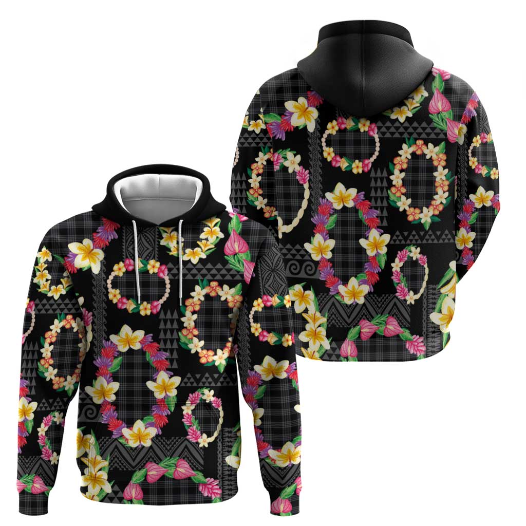 Hawaiian Kakau Tattoo Leis and Palaka Pattern Zip Hoodie Traditional Aloha Tribal Black Color