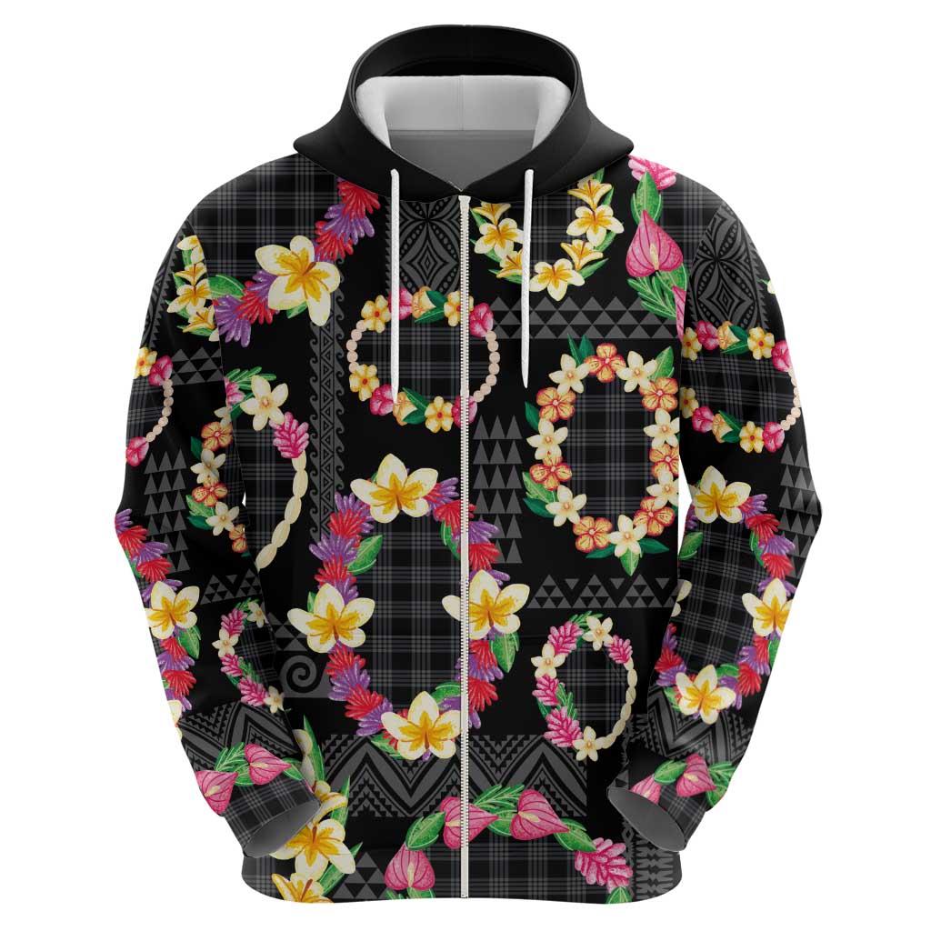 Hawaiian Kakau Tattoo Leis and Palaka Pattern Zip Hoodie Traditional Aloha Tribal Black Color