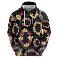 Hawaiian Kakau Tattoo Leis and Palaka Pattern Zip Hoodie Traditional Aloha Tribal Black Color