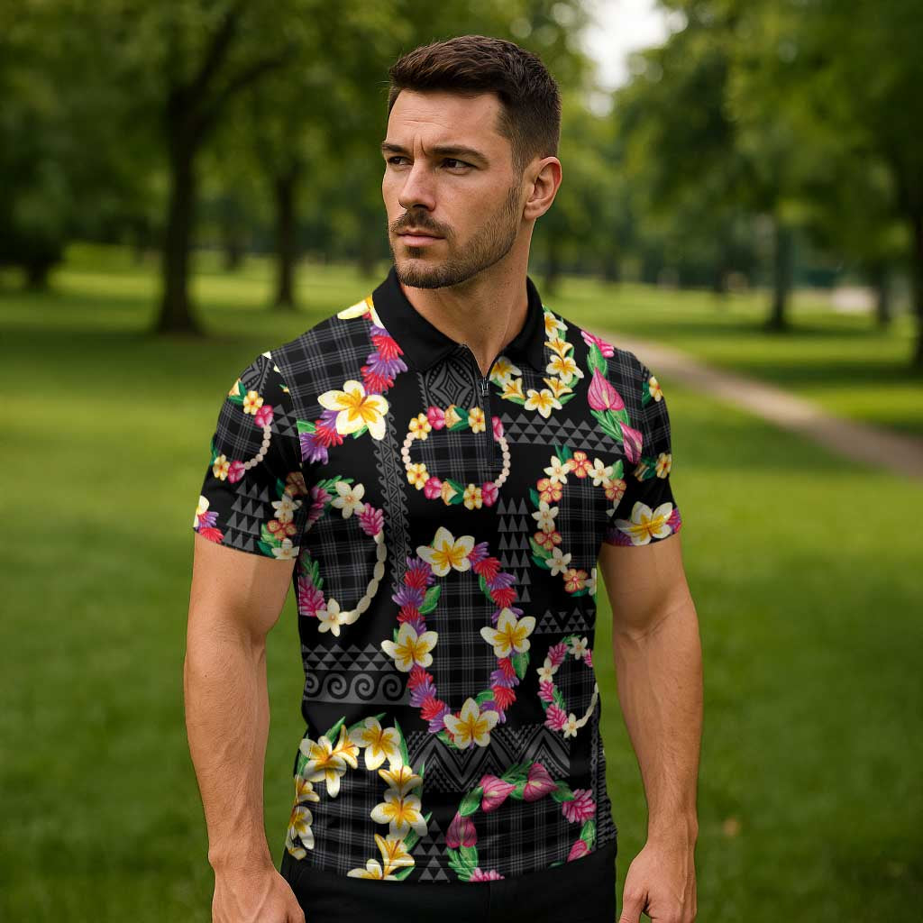 Hawaiian Kakau Tattoo Leis and Palaka Pattern Zipper Polo Shirt Traditional Aloha Tribal Black Color