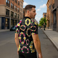 Hawaiian Kakau Tattoo Leis and Palaka Pattern Zipper Polo Shirt Traditional Aloha Tribal Black Color