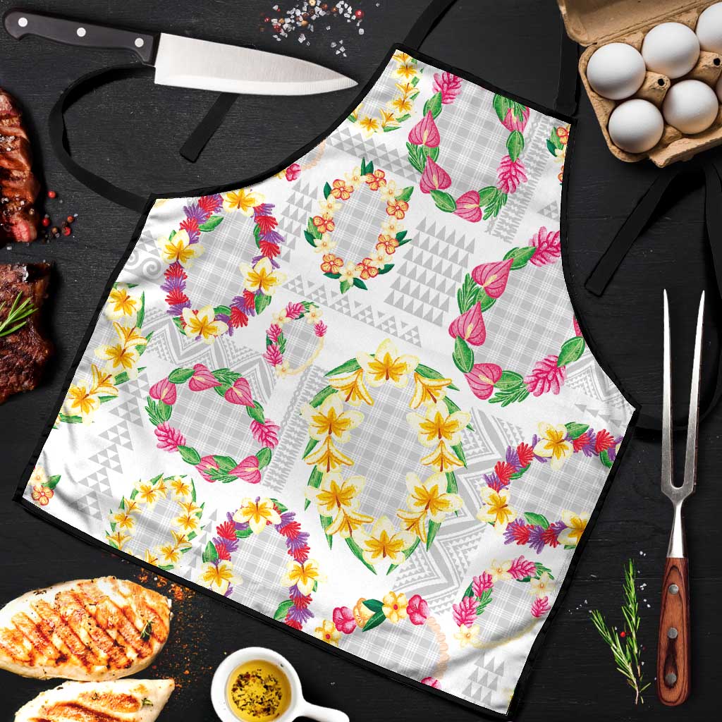 Hawaiian Kakau Tattoo Leis and Palaka Pattern Apron Traditional Aloha Tribal White Color
