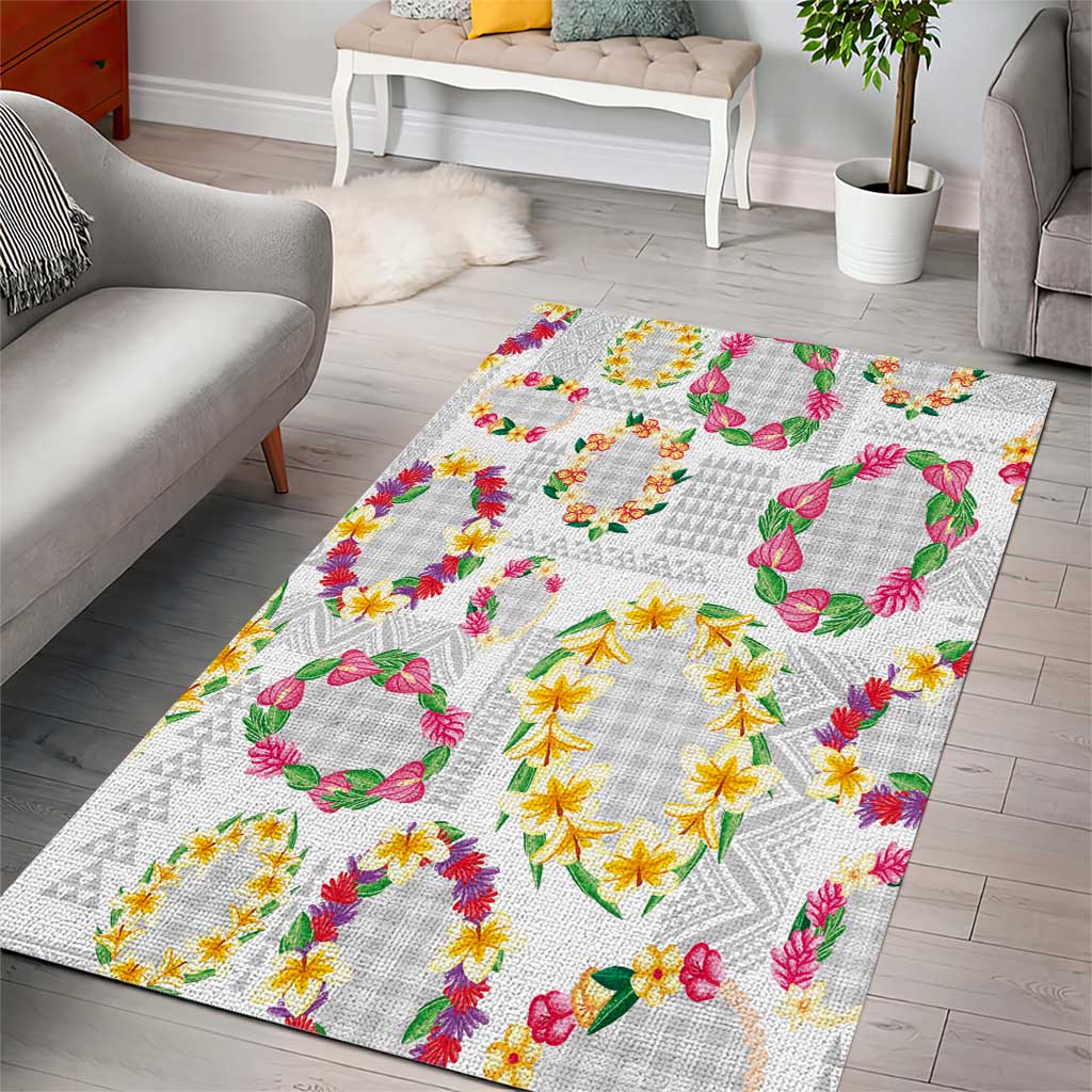 Hawaiian Kakau Tattoo Leis and Palaka Pattern Area Rug Traditional Aloha Tribal White Color