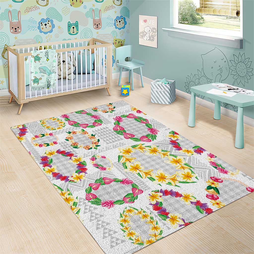 Hawaiian Kakau Tattoo Leis and Palaka Pattern Area Rug Traditional Aloha Tribal White Color