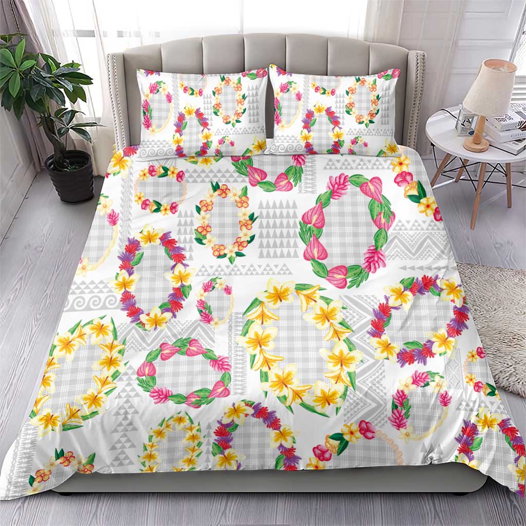 Hawaiian Kakau Tattoo Leis and Palaka Pattern Bedding Set Traditional Aloha Tribal White Color