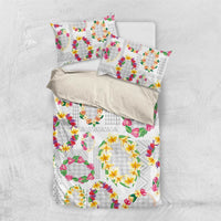 Hawaiian Kakau Tattoo Leis and Palaka Pattern Bedding Set Traditional Aloha Tribal White Color