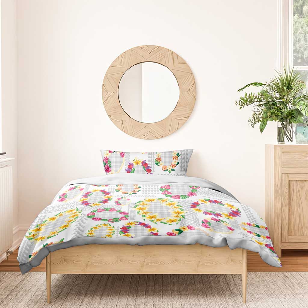 Hawaiian Kakau Tattoo Leis and Palaka Pattern Bedding Set Traditional Aloha Tribal White Color