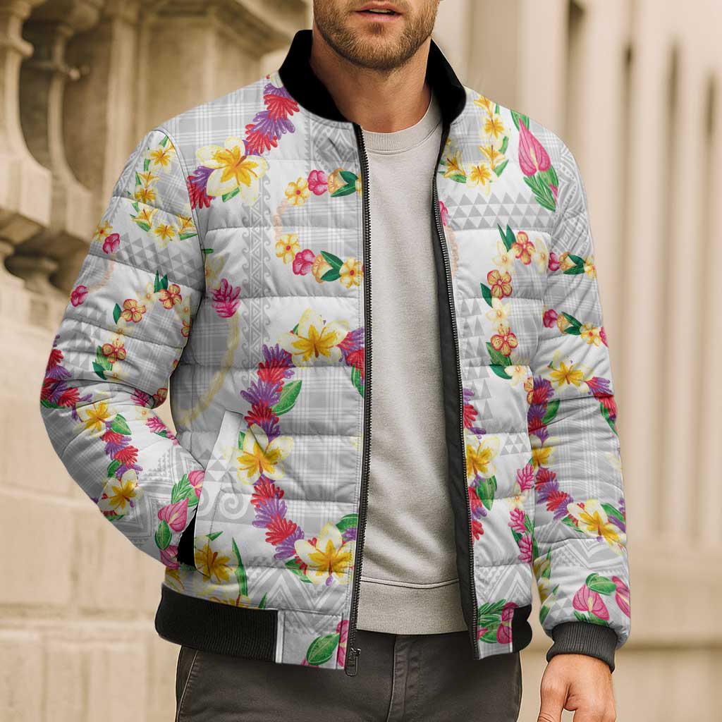 Hawaiian Kakau Tattoo Leis and Palaka Pattern Bomber Puffer Jacket Traditional Aloha Tribal White Color