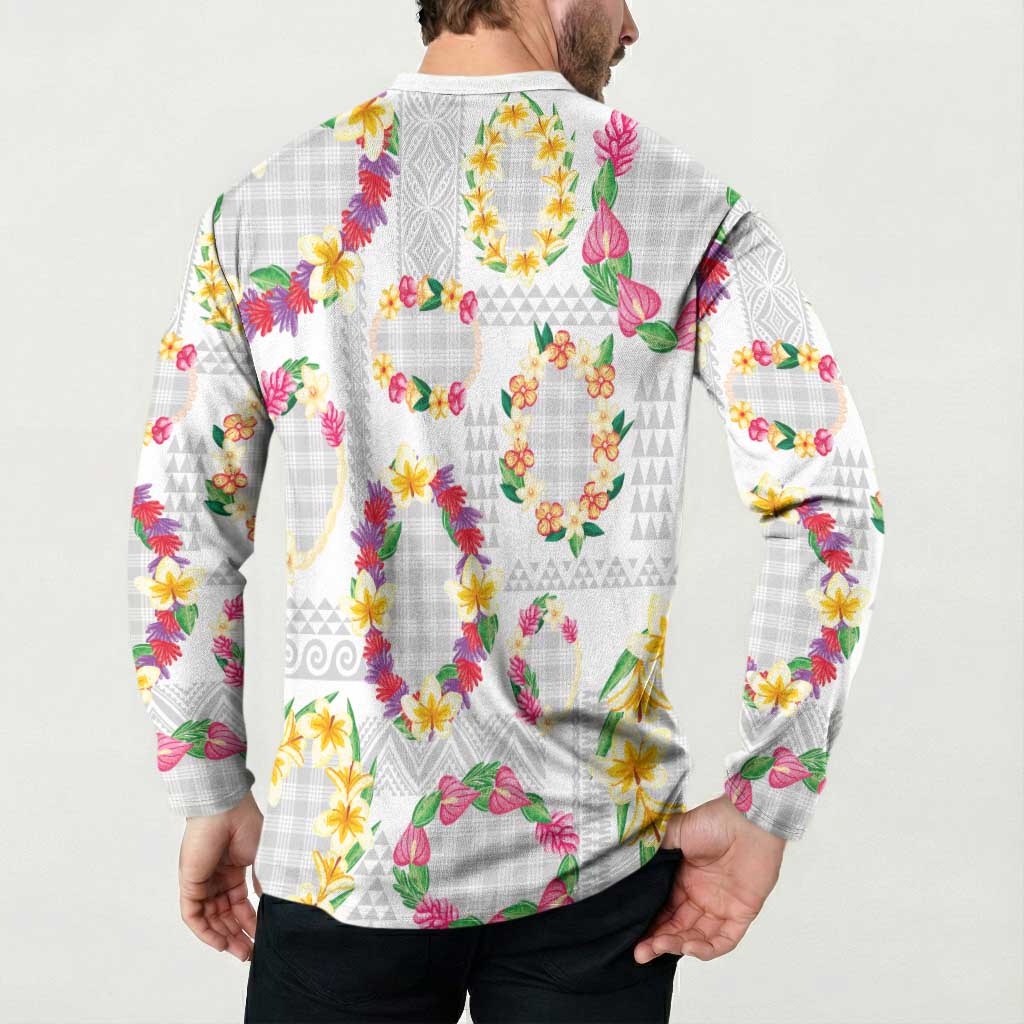Hawaiian Kakau Tattoo Leis and Palaka Pattern Button Sweatshirt Traditional Aloha Tribal White Color