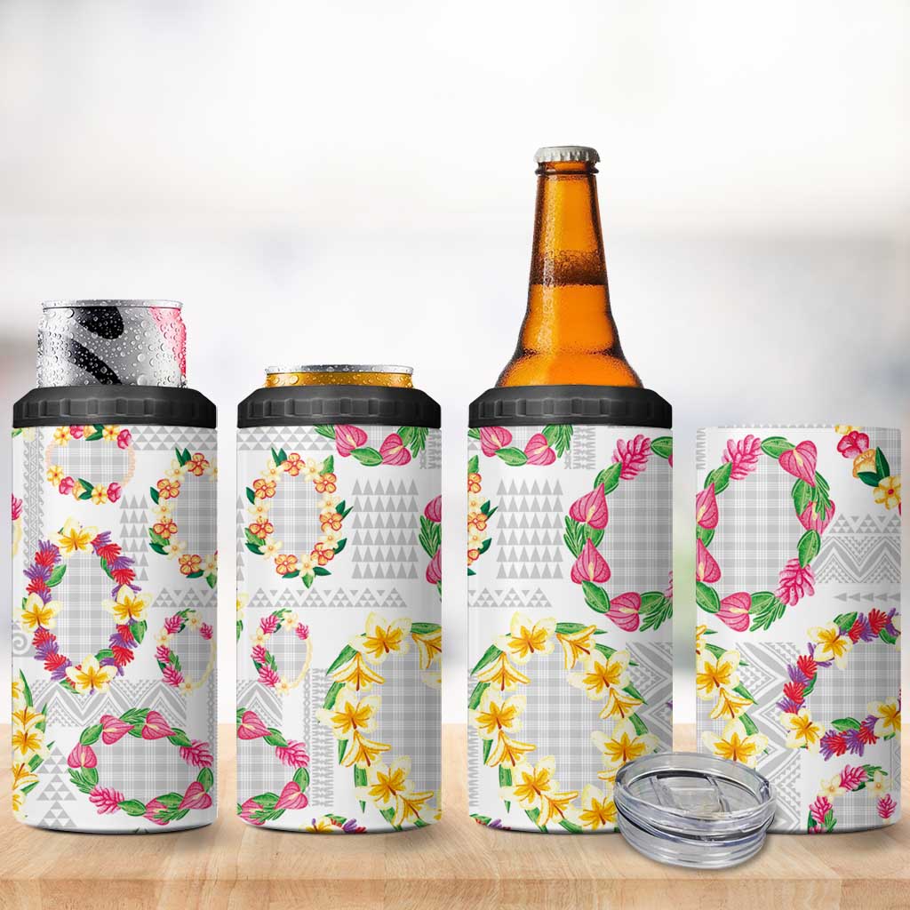 Hawaiian Kakau Tattoo Leis and Palaka Pattern 4 in 1 Can Cooler Tumbler Traditional Aloha Tribal White Color